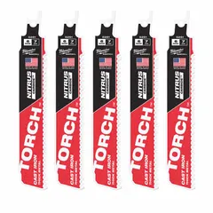 Pack of 5 reciprocating saw blades for cutting thick metal. Each blade is 6 inches long, 0.05 inch thick, with 8 teeth per inch. Rigid construction supports straight cuts in steel pipes, beams, and heavy-gauge sheet metal.