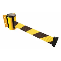 Wall-mount retractable belt barrier with a yellow frame and a 7 1/2 ft black/yellow patterned belt. Designed for permanent installation using the fixed mounting plate. Used for crowd control, queue management, and safety delineation in pedestrian pathways or restricted zones.