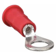 Insulated ring terminal with red vinyl insulation for wire sizes 22 AWG to 18 AWG. Features a #10 stud size and is rated for 1000 V. Used for secure electrical connections in control panels, machinery, and power distribution systems.