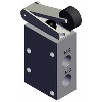 Roller-actuated manual air control valve with 3 ports and 1/8 in NPT connections. Maximum operating pressure of 1 MPa. Used in pneumatic systems for directing flow in industrial automation, packaging, and material handling applications