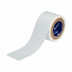Precut label roll made of metalized polyester in gray, measuring 3 11/32 inches by 1/4 inch. Halogen-free material suitable for industrial identification and asset tracking. Compatible with i7100 printer series for wire marking, component labeling, and panel identification.