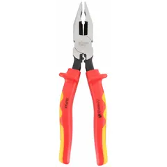 These insulated lineman's pliers feature a curved jaw design for gripping, twisting, and pulling wire. The integrated wire cutter allows for cutting conductors during electrical and industrial maintenance tasks. With an overall length of 8 1/2 in, jaw length of 1 7/8 in, and jaw width of 1 1/8 in, they are suited for general wiring and splicing applications.