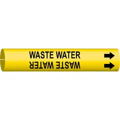 Yellow snap-on pipe marker with black legend reading 'Waste Water' and directional arrows. Fits pipe outer diameters from 3/4 to 1-3/8 inches. Used for identifying waste water lines in industrial piping systems.