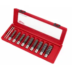 This annular cutter set includes high-speed steel cutters with a black oxide finish, featuring a 9/16-inch cutter diameter and a 2-inch maximum cutting depth. The set includes a pilot pin and a Weldon Flat shank for secure mounting in compatible power tools. Typical applications include cutting precise, clean holes in metal for fabrication, construction, and maintenance tasks.