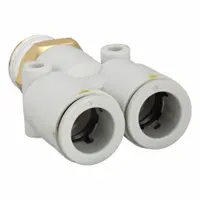 This SMC push-fit wye fitting is made of polybutylene and brass, featuring a white finish. It connects 12 mm OD tubing and 3/8 in pipe, enabling branch connections in pneumatic systems for industrial automation and fluid power applications