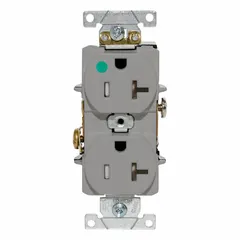Duplex general purpose receptacle rated 125V AC and 20 A with NEMA 5-20R configuration. Gray finish. Suitable for use in commercial and institutional environments requiring standard duplex power outlets.