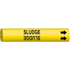 Snap-on pipe marker for identifying sludge lines. Green background with white legend text. Fits pipe outer diameters from 3/4 to 1-3/8 inches. Includes directional arrows for flow indication. Suitable for industrial piping systems requiring clear pipe content identification.