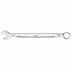 This SAE 12-point combination wrench features a chrome finish and a 1-3/8 in head size. The 20-1/8 in overall length provides leverage for tightening or loosening fasteners in maintenance and mechanical tasks. The 12-point box end offers multiple engagement positions on hex fasteners, while the open end allows for quick positioning.