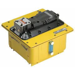 Air-operated hydraulic workholding pump unit with pendant control. Delivers up to 5,000 psi operating pressure from a 2-gallon reservoir. Used for powering hydraulic cylinders in clamping, pressing, and lifting operations.