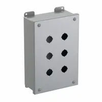 Carbon steel enclosure with six holes for 22mm operators. Rated NEMA 12/13 for oil-tight and dust-tight protection. Suitable for industrial environments requiring sealing against contaminants