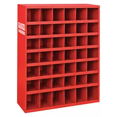 Steel lipped fixed-size compartmented shelving unit with 42 compartments, each 5 5/16 in x 12 in x 5 1/2 in. Overall dimensions: 34 in width x 12 in depth x 42 in height. Used for organizing small parts, documents, mail, or tools in industrial, warehouse, and office environments.