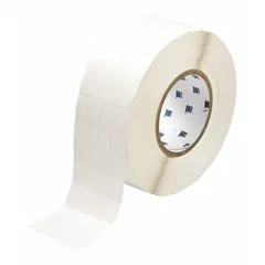 Thermal transfer precut label roll with removable rubber adhesive. Each label measures 3/4 in x 1/2 in, supplied in rolls of 10,000. Compatible with X Plus II printer series. Used for temporary identification and tracking on equipment, bins, or assets where clean removal is required.