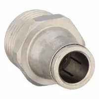 Nickel-plated brass tube fitting with push-to-connect connection for 10 mm OD tube and 1/2 in male BSPT thread. Silver finish. Used in pneumatic or low-pressure fluid systems for tool-free tubing installation