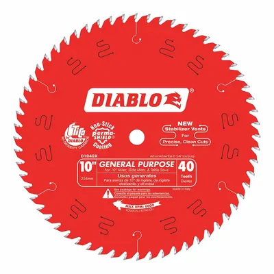 DIABLO Circular Saw Blade: 10 in Blade Dia., 40 Teeth, 0.1 in Cut Wd, 5/8 in Arbor Size - Wood-Cutting Blades