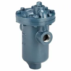 Cast-iron inverted-bucket steam trap for condensate removal from steam lines. In-line configuration with 1-1/2 in FNPT connections, rated for 7000 lb/hr capacity at 250 psi and 450°F. Horizontal installation required. Strainer not included.