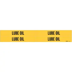 Yellow adhesive pipe marker with black legend reading 'Lube Oil'. Fits pipe outer diameters from 3/4 to 2-3/8 inches. Pack includes 4 markers without directional arrows. Used to identify pipe contents in industrial facilities for maintenance and safety.