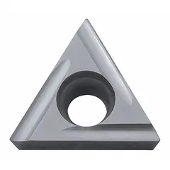 Triangle (T) indexable turning insert made of cermet for finish turning operations. Used on lathes for machining steels and stainless steels, providing wear resistance and surface finish.