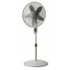 This oscillating pedestal fan from AIR KING is designed for home and office use. It features a steel guard, three speed settings, and a remote control for convenient operation. The fan operates on 120V AC power via a plug-in cord and provides adjustable airflow for personal cooling in workspaces or living areas.