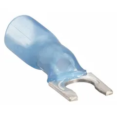 This insulated fork terminal from 3M's TH Series features a heat-shrink sleeve for environmental sealing and a locking fork design to prevent accidental disconnection on studs. It accommodates 16 AWG to 14 AWG wire and a 1/4 in stud size, with a strain relief barrel for vibration resistance. Suitable for power distribution and control wiring applications.