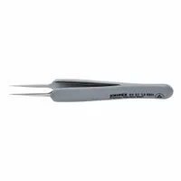 ESD-safe tweezers with a straight, pointed tip 0.06 mm thick. Made of stainless steel with a smooth finish. Suitable for handling small, delicate components in electronics assembly, laboratory work, and precision manufacturing