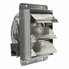 This 12-inch shutter-mount exhaust fan features a totally enclosed air-over motor rated at 1/20 hp, delivering 772 cfm at 120V AC. The aluminum frame with Galvalume finish resists corrosion. Three speeds allow adjustable airflow. Suitable for wall or ceiling installation in spaces requiring ventilation, such as workshops, warehouses, and greenhouses.