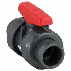 This manual two-way ball valve is made of PVC for corrosion resistance. It features a straight body with socket x FNPT connections and is rated for a maximum pressure of 235 psi CWP. Suitable for on/off flow control in industrial piping systems.