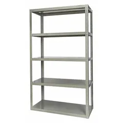 This extra-heavy-duty bolted standalone open metal shelving unit from HALLOWELL features a steel frame and steel shelves. It measures 60 inches wide by 24 inches deep with an overall height of 84 inches and includes five shelves. The unit is unassembled and finished in gray. Suitable for industrial storage of heavy parts, tools, and materials in warehouses, factories, and maintenance facilities.