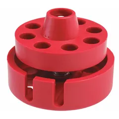 Red twist-lock cable lockout device with a nylon body. Designed for lockout/tagout procedures to isolate energy sources during maintenance. Cable not included.