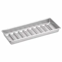 This aluminized steel bun pan features 10 slots for baking New England-style hot dog buns. The pan holds buns upright during proofing and baking, promoting even browning and consistent shape. It is suited for use in commercial bakeries, delis, and foodservice operations