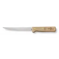 This boning knife features a narrow steel blade and a brown rosewood handle, with an overall length of 10 1/2 inches. It is suited for deboning and trimming meat, poultry, or fish in food processing environments