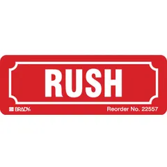 Red background label with 'Rush' message for identifying urgent shipments. Measures 3 x 3 inches, supplied in a roll of 500 labels. Used in shipping and receiving to mark priority packages for expedited handling.
