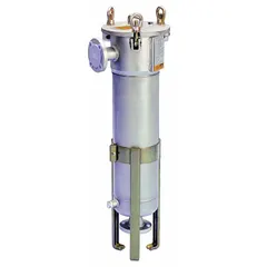 This Parker water filter cartridge housing is constructed from 304L stainless steel with a silver finish. It features a flanged connection type and is designed for use in industrial water filtration systems, such as filtering process water, cooling water, and other non-aggressive fluids. Overall height is 53 1/8 inches and overall diameter is 14 1/2 inches.