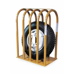 This tire inflation cage provides a controlled enclosure for inflating heavy duty truck tires. The 5-bar steel construction contains debris and energy in the event of a tire failure, enhancing operator safety in workshops and fleet maintenance facilities. Overall height is 43 1/2 inches and weight is 182 pounds.