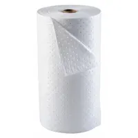This white polypropylene sorbent roll measures 150 ft in length and 30 in in width. It is used for containing and absorbing fluid spills in industrial environments such as maintenance, machining, and fluid-handling areas