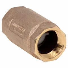 Inline check valve with lead-free bronze body and FNPT x FNPT connections for 1 1/4 in NPT pipe. Spring-loaded poppet mechanism prevents backflow in plumbing and industrial piping systems handling water, oil, or gas.