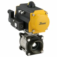 This pneumatically-actuated two-way ball valve features a carbon steel body and FNPT x FNPT connections. It is used for on/off flow control in industrial piping systems handling liquids or gases. The valve does not include a pilot solenoid voltage.