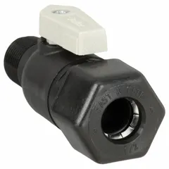 This Parker manual two-way ball valve features a polypropylene body, straight configuration, sweat x MNPT connections, and a full port ball port. NSF 51 compliant for use in potable water and food-processing lines. Lever handle for easy operation.