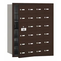 Horizontal multi-unit mailbox with 24 lockable front doors, designed for recessed mounting. Measures 35 1/4 in H x 29 1/4 in W x 16 1/2 in D. Suitable for secure mail distribution in multi-tenant residential or commercial buildings.