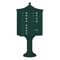 This horizontal multi-unit mailbox features 13 front-access doors and is designed for pedestal mounting. Measuring 71 3/4 inches high by 31 inches wide by 18 1/2 inches deep, it provides centralized mail distribution for multiple tenants in residential or commercial settings.