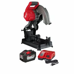 Cordless cut-off machine for metal cutting. Operates on 18V DC with a 12.0 Ah battery, delivering a max blade speed of 4,000 RPM. Includes one battery and one charger. Suitable for on-site metalwork such as cutting rebar, angle iron, and pipe.