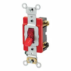 Double-pole, maintained-contact toggle wall switch with red illuminated indicator. Rated 20 A at 277 V AC. Suitable for commercial and industrial lighting circuits where switch status indication is required, such as machine control or emergency lighting.