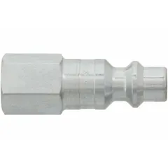 Steel quick-connect air coupling plug with 1/4" female hose fitting and 1/4"-18 thread. Used in compressed air systems for connecting pneumatic tools and hoses in industrial maintenance, assembly, and material handling applications.