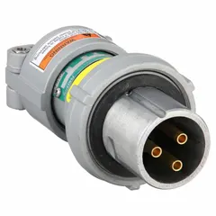 This hazardous location pin and sleeve plug is rated 250V DC/600V AC, three-phase, 30 A, with 3 poles and 3 wires. Designed for use in classified areas where flammable gases, vapors, or combustible dusts may be present, it provides a secure electrical connection in industrial environments.