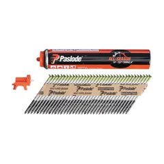 Collated framing nails designed for high-speed pneumatic nailing in structural framing, sheathing, and decking applications. Each nail is 2 3/8" long with a plain finish, offset round head, ring shank, and diamond point for secure holding in engineered lumber and plywood. Supplied in a 1,000-count pack.