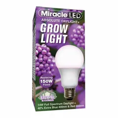 This A19-shaped LED grow bulb operates at 120V and provides a full/broad spectrum with blue and red wavelengths. It offers a 150W incandescent watt equivalency for high-yield plant production. Suitable for indoor horticulture applications such as greenhouses, grow tents, and controlled-environment agriculture.
