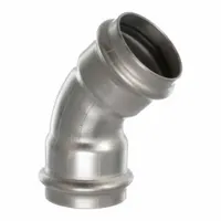 This 45° elbow fitting is made of stainless steel and designed for use in potable water systems. It connects 1 1/4 in CTS copper tubing using a press-fit method, providing a leak-free joint without soldering. Suitable for plumbing applications where a secure, corrosion-resistant connection is required