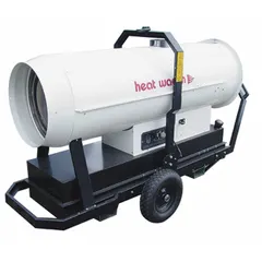 Wheeled-mounted indirect-fired torpedo heater with LED diagnostics. Heats up to 17,500 sq ft. 57-gallon tank provides 20 hours of operation per filling. Dimensions: 48 in x 83 in x 83 in. Suitable for temporary heating in large open areas such as construction sites and warehouses.