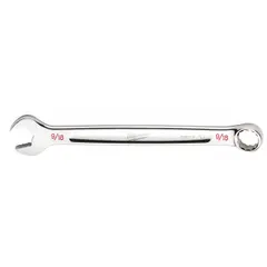 This SAE 12-point combination wrench features a 9/16-inch head size and a 7 3/8-inch overall length. Constructed with a chrome finish, it is suited for tightening or loosening fasteners in applications such as industrial maintenance, automotive repair, and mechanical assembly.