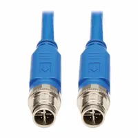 M12 male straight to M12 male straight cordset with X coding for Power over Ethernet (PoE++) applications. Cat6 performance supports data rates up to 1 Gbps. IP68-rated for protection against dust and water immersion. Blue jacket, 1 meter length