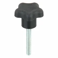 Plastic body with steel thread insert. 5/16"-18 thread size, 2 in thread length. Used for manual clamping, positioning, and adjustment on industrial machinery, jigs, and fixtures.